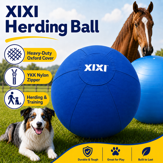 Product graphic of a blue fabric-covered herding ball on grass with a dog, a horse, and an uncovered blue ball.