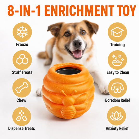 orange honey jar dog toy filled with frozen yogurt treat