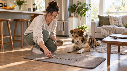 Dog owner setting up a quick kibble search before starting the morning routine