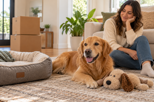 Golden retriever resting near familiar bedding and a toy after a house move