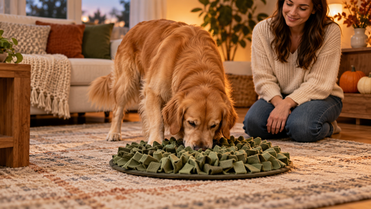 Calm dog using a snuffle mat near simple pet-safe Halloween decorations