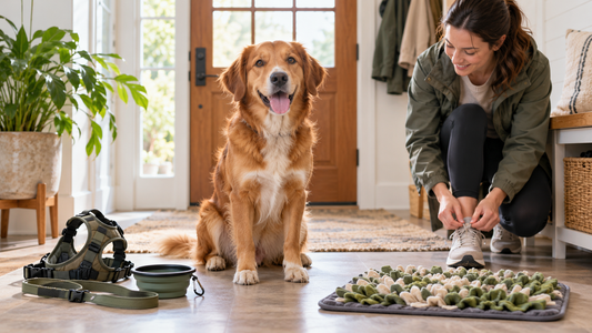 Dog beside walking gear and an indoor enrichment activity while its owner prepares