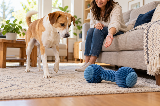 Dog finding a visible blue toy beside a sofa while its owner offers guidance