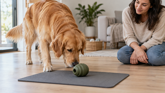 Dog calmly investigating a new plain enrichment toy while its owner supervises