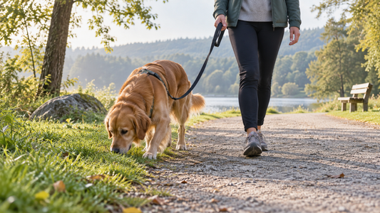 Leashed dog calmly sniffing grass beside its owner on a quiet walking path