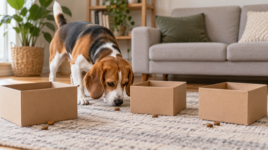 Dog searching beside clean open cardboard boxes with visible kibble