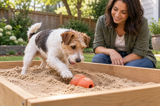 Terrier exploring a shallow backyard digging box under owner supervision