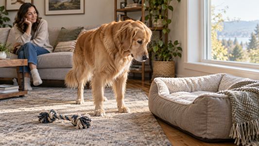 Dog choosing between a familiar toy and a window-viewing spot at home
