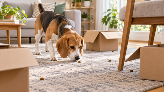 Beagle searching for visible pieces of kibble among safe household objects