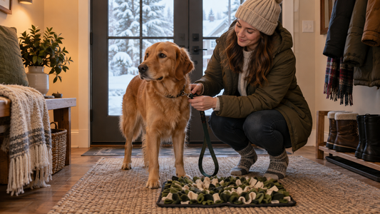 Dog and owner returning from a short winter walk to a warm indoor enrichment setup