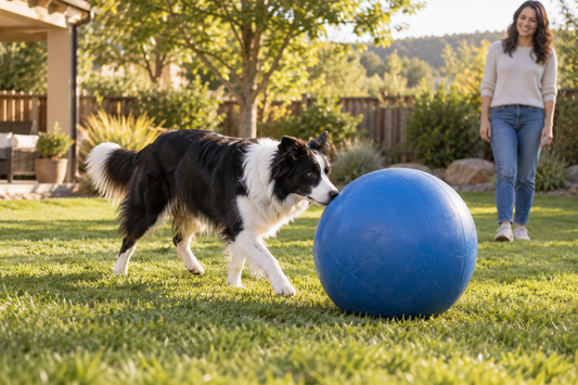 Border Collie gently nudging a large blue ball in a secure backyard