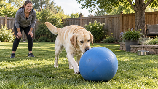 Labrador gently pushing a large blue ball while its owner supervises on grass