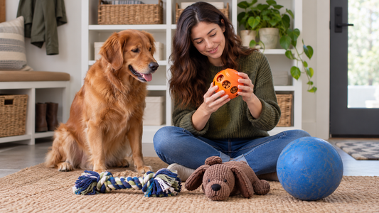 Dog sitting beside a small organized selection of different enrichment toys