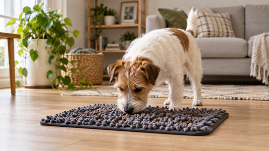 Small terrier completing an easy kibble search on a low mat at home