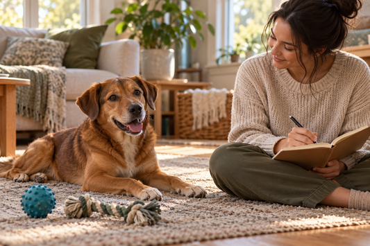 Dog resting beside toys while its owner writes enrichment observations