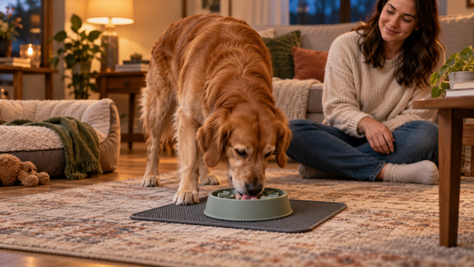 Relaxed dog completing a quiet licking activity in a softly lit living room