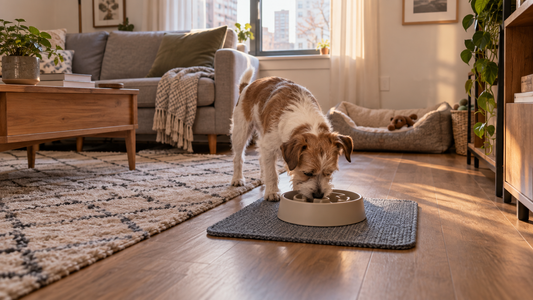 Small terrier using a quiet food-enrichment bowl in an apartment