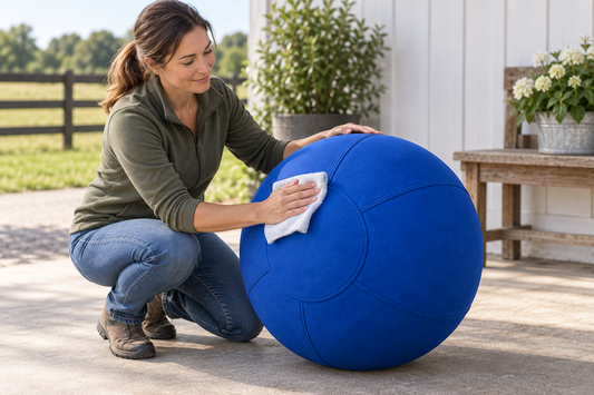 An owner wipes the fabric cover of a herding ball with a damp cloth.