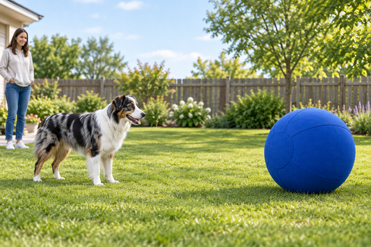 A dog watches a stationary herding ball while an owner observes nearby.