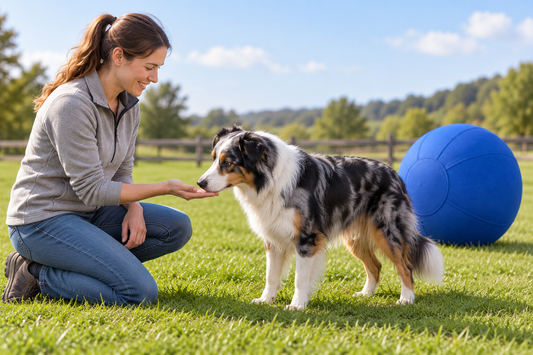 A dog practices a nose touch to an owner’s hand with a herding ball nearby.