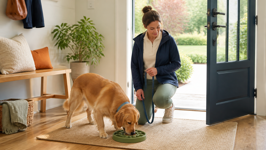 Dog and owner preparing for a walk with a food enrichment activity