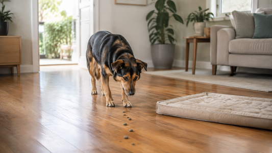 Cautious mixed-breed dog following a short kibble trail beside a familiar mat
