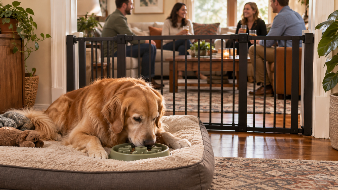 Calm dog resting with a food activity behind a closed pet gate while guests talk nearby