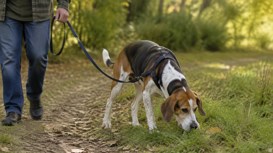Hound enjoying a calm sniff-focused walk on a nature path
