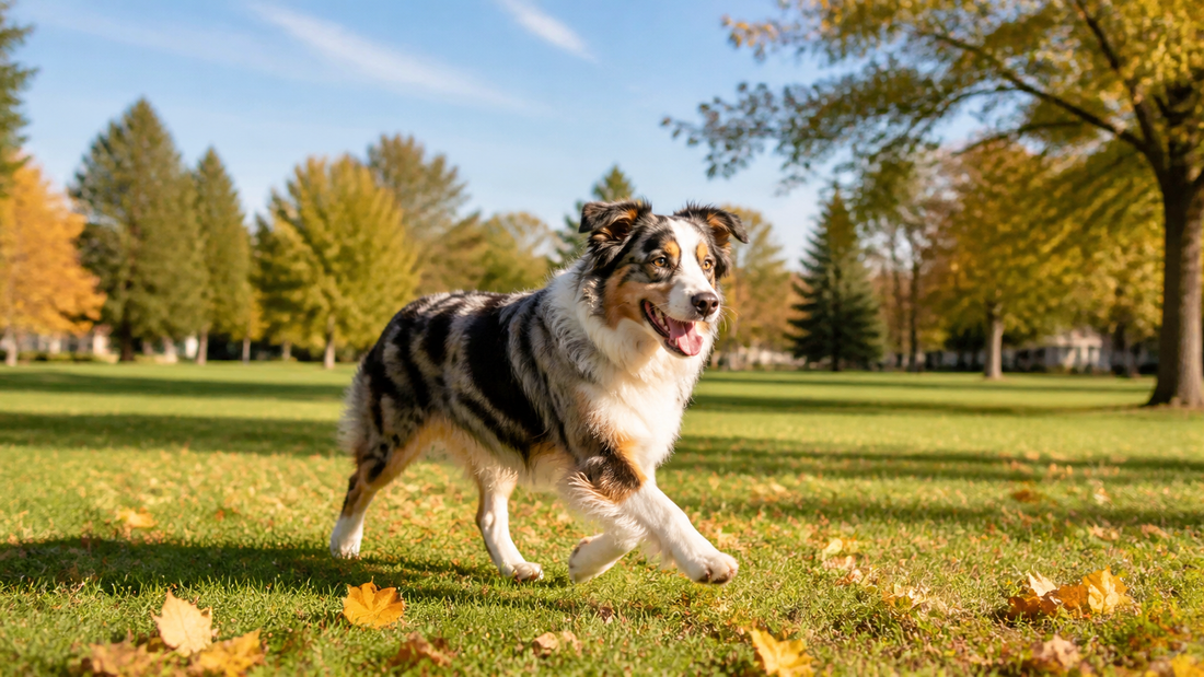 Australian Shepherd enjoying outdoor enrichment in a fall park