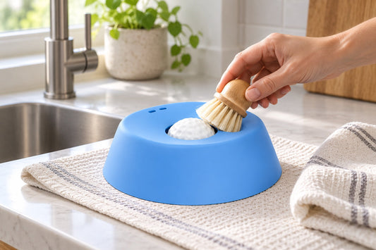 A hand holds a soft brush beside the white textured center of a blue dog lick bowl on a drying cloth.