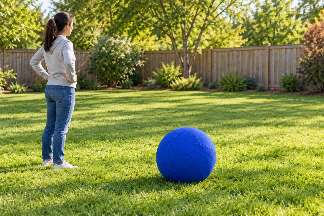 An owner checks a flat fenced grassy play area with a blue fabric-covered herding ball resting nearby.