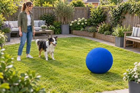 A dog, owner, and herding ball beside a clear area in a small enclosed yard.
