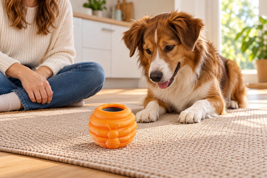 A dog watches an orange Honey Jar toy on a mat while an owner sits nearby.