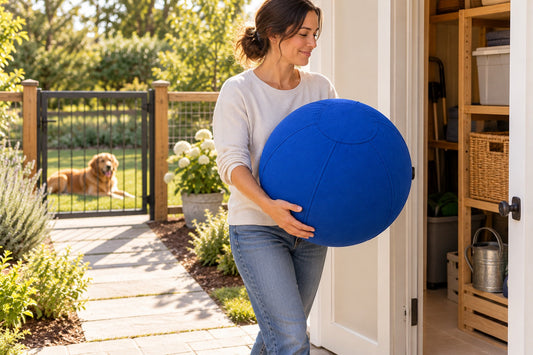 An adult carries a blue fabric-covered herding ball into storage while a dog stays behind a closed garden gate.