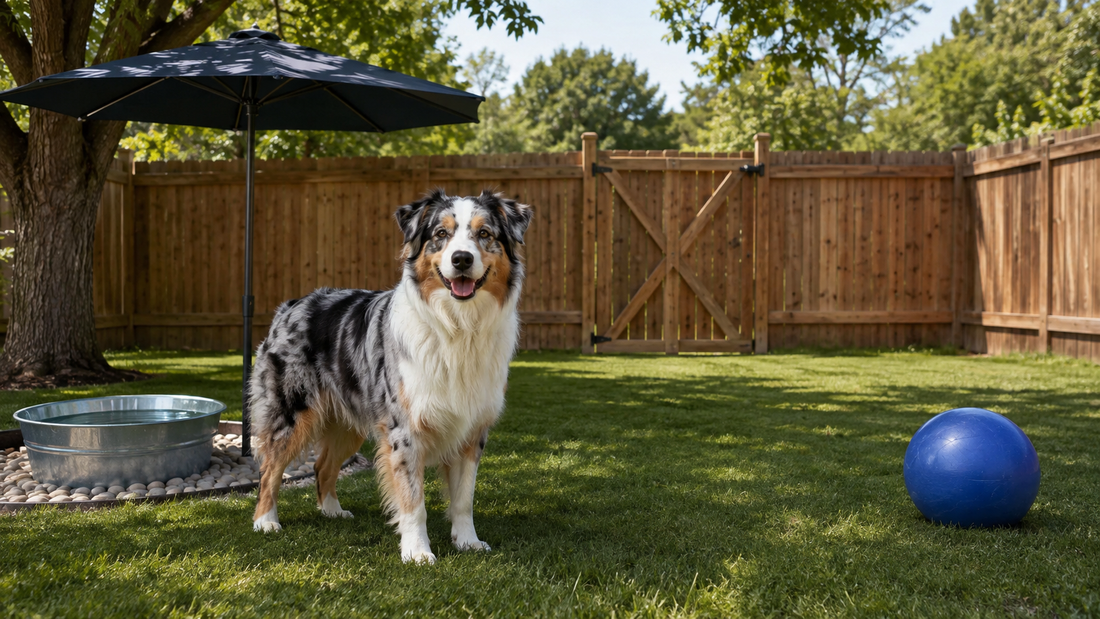 Australian Shepherd in a secure backyard with shade, water, and an open play area