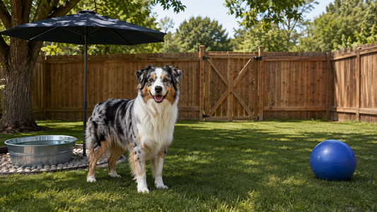 Australian Shepherd in a secure backyard with shade, water, and an open play area