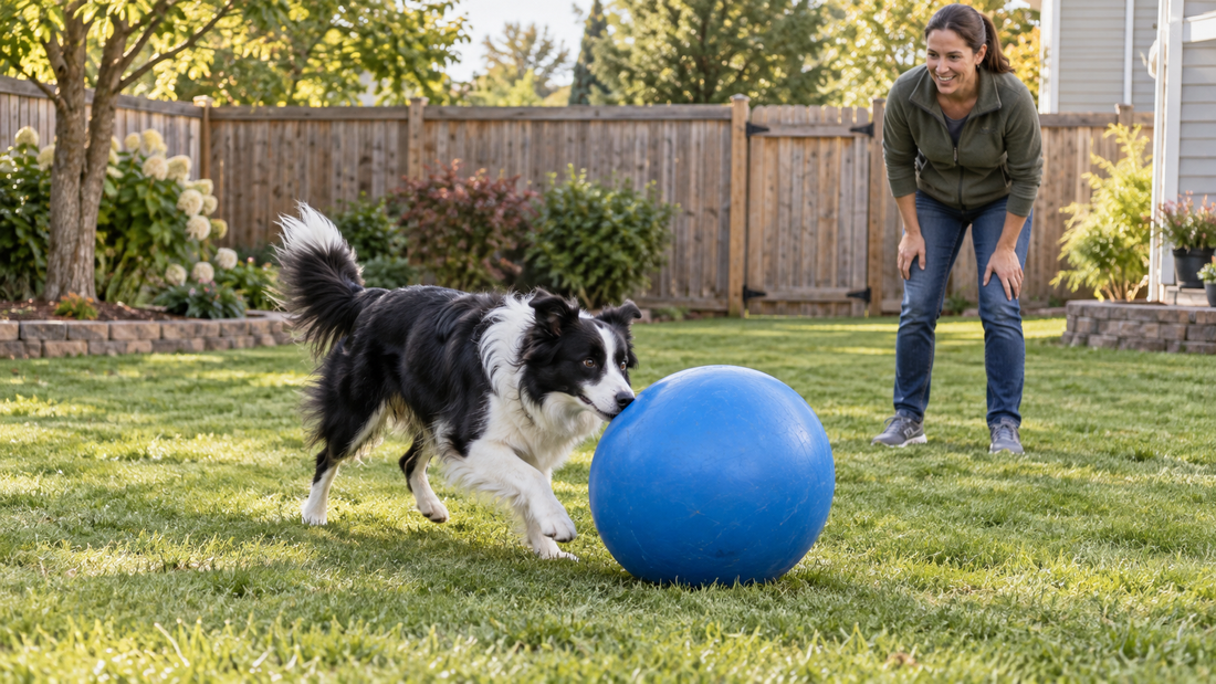 Dog owner supervising a Border Collie pushing a large blue ball on grass