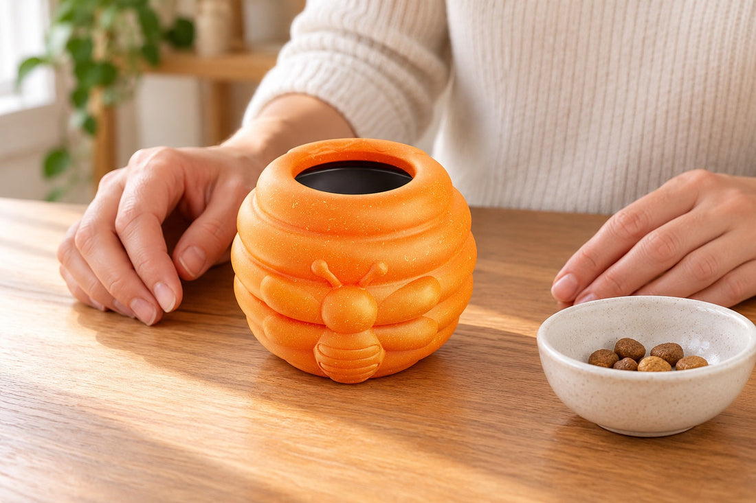 An owner's hands beside an assembled orange Honey Jar toy and a small bowl of dry kibble.