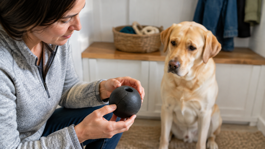Dog owner inspecting a cracked rubber enrichment toy while a Labrador waits nearby