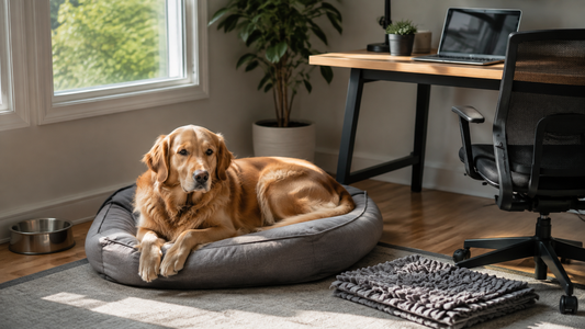 Golden Retriever resting on a dog bed beside a tidy home-office desk
