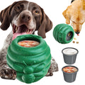 Composite showing dogs beside a green Honey Jar toy, kibble dispensing, and two filled removable cups