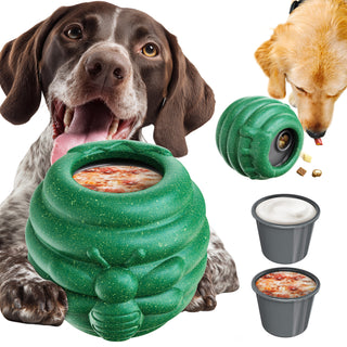 Composite showing dogs beside a green Honey Jar toy, kibble dispensing, and two filled removable cups