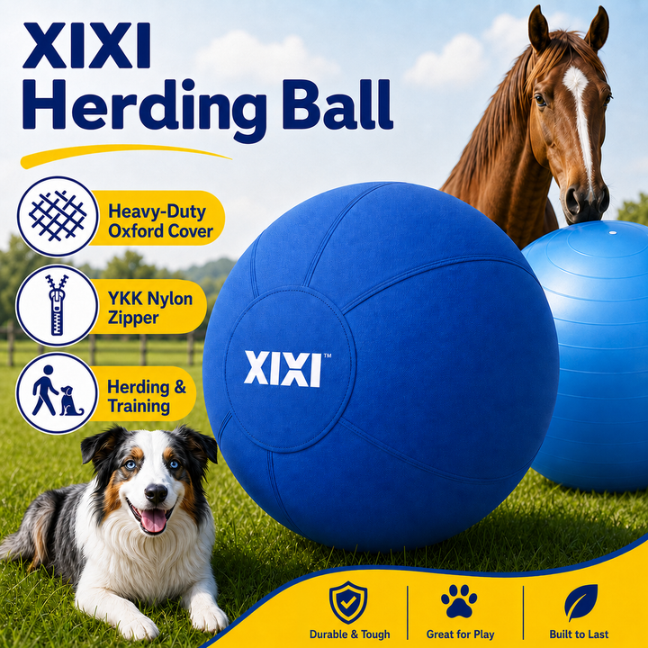 large herding ball with fabric cover on grass